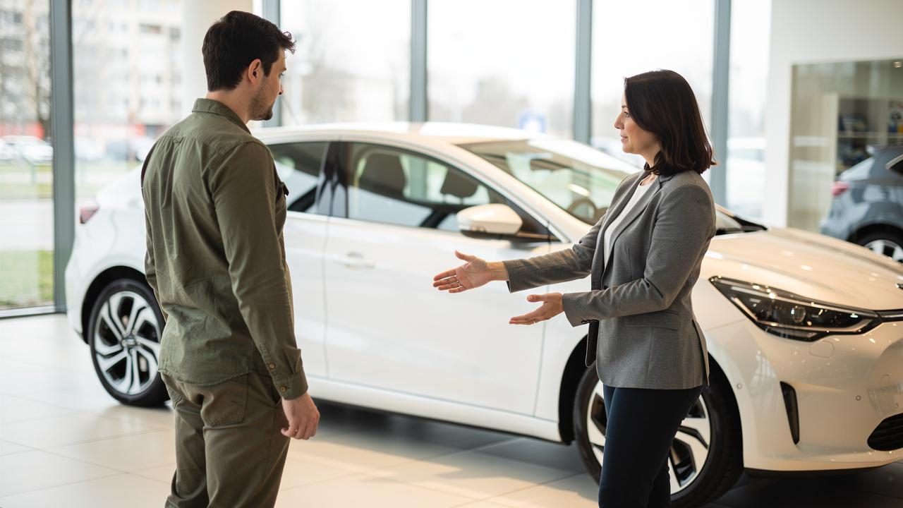 Prodavačica pokazuje beli automobil mušteriji u salonu
